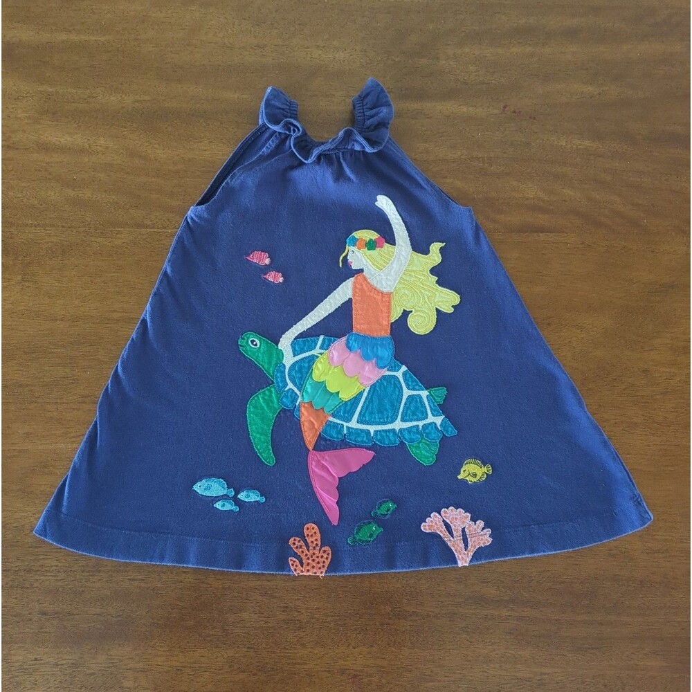 Mini Boden Girl's Mermaid Applique Sun Dress in Starboard Blue Mermaid  2/3 GUC